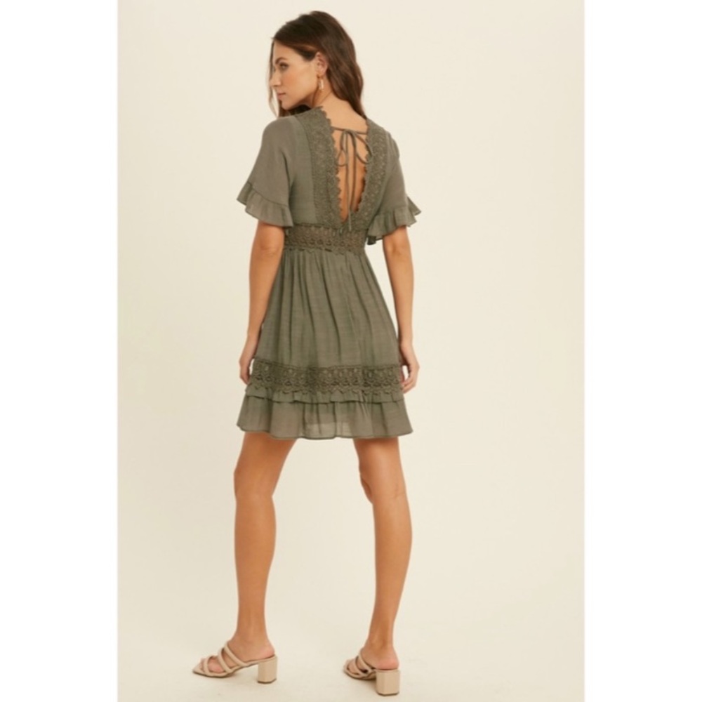 SOLD OUT Dainty Olive Green Bohemian Crochet Lace Trim Ruffle Short Mini Dress - Picture 3 of 3